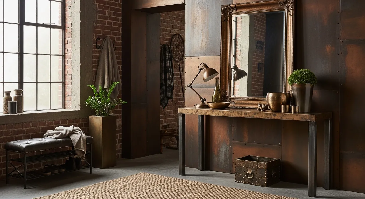 Industrial entryway featuring bronze metal accents and a console table against exposed textures