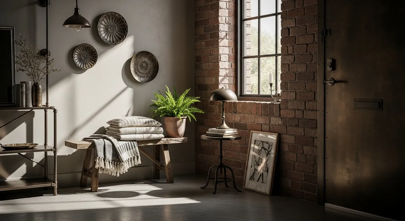 Industrial entryway featuring exposed brick walls and metallic bronze accent furniture