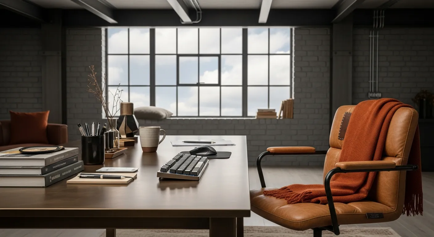 Metal shelving styling with bronze accessories for practical industrial home office ideas