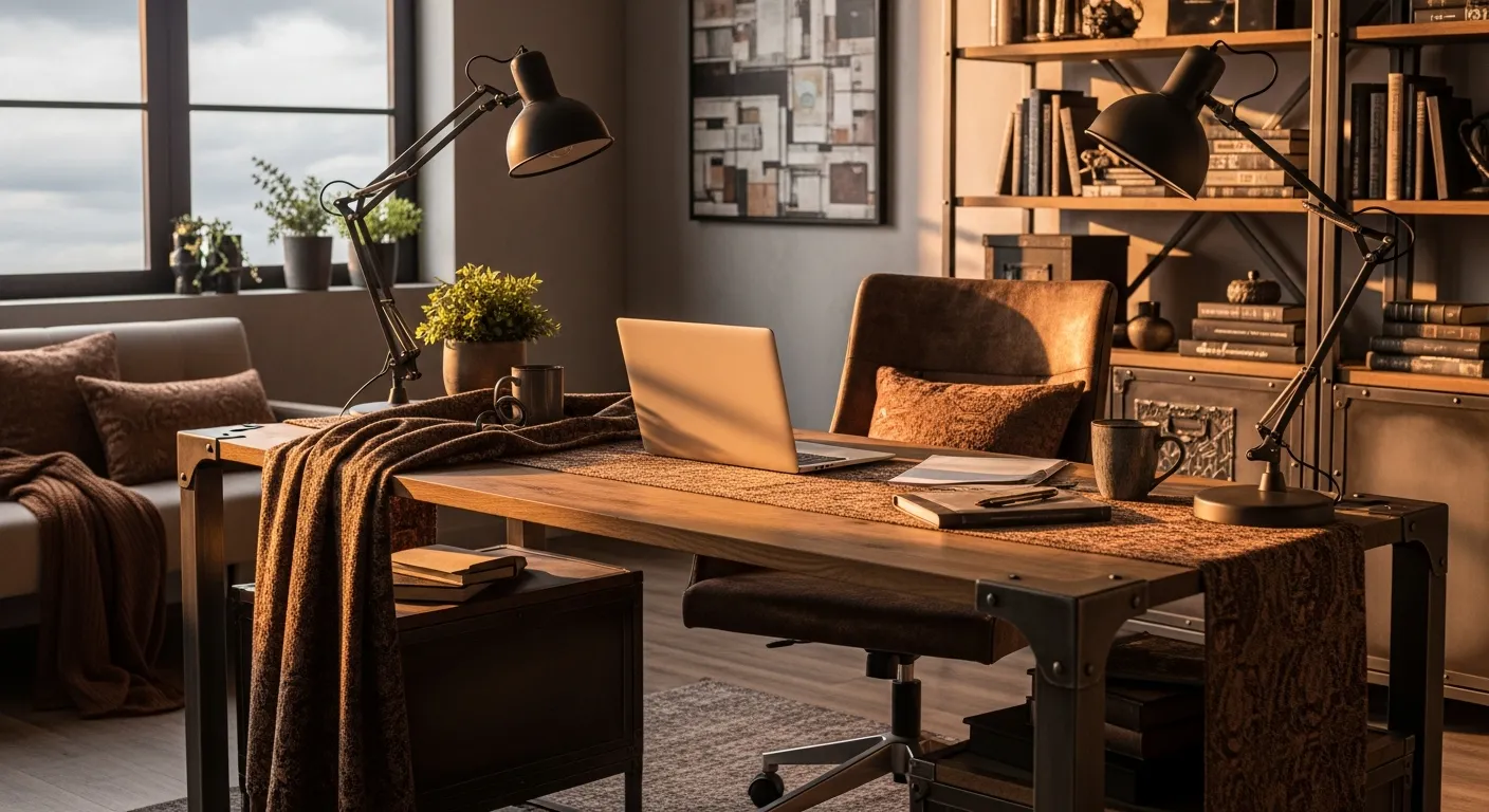 Final completed look of a workspace utilizing industrial home office ideas with bronze and wood