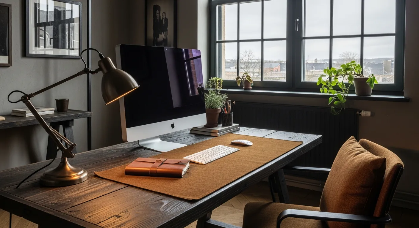 Styling vintage bronze lighting and accessories for curated industrial home office ideas