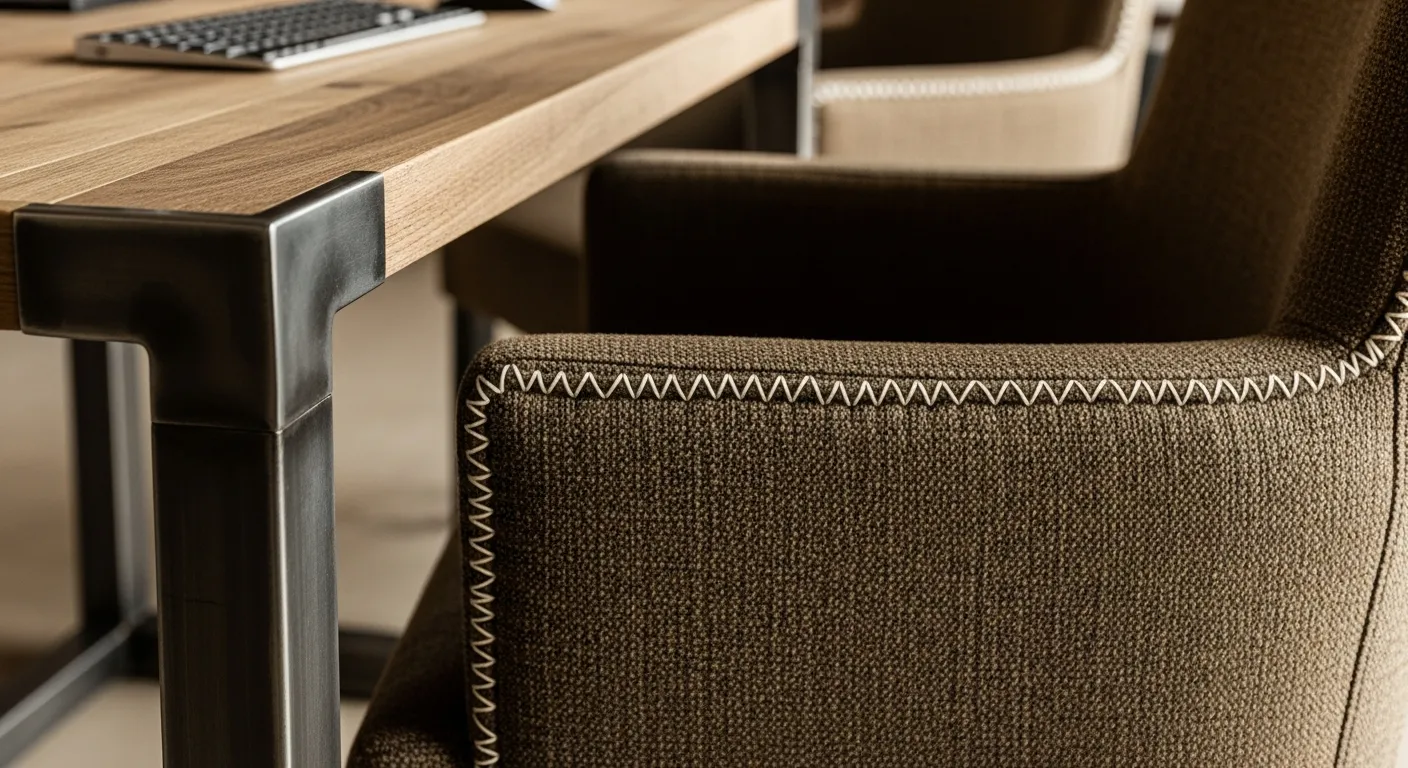 Heavy duty metal desk setup typical of industrial home office ideas with bronze lamps and exposed brick