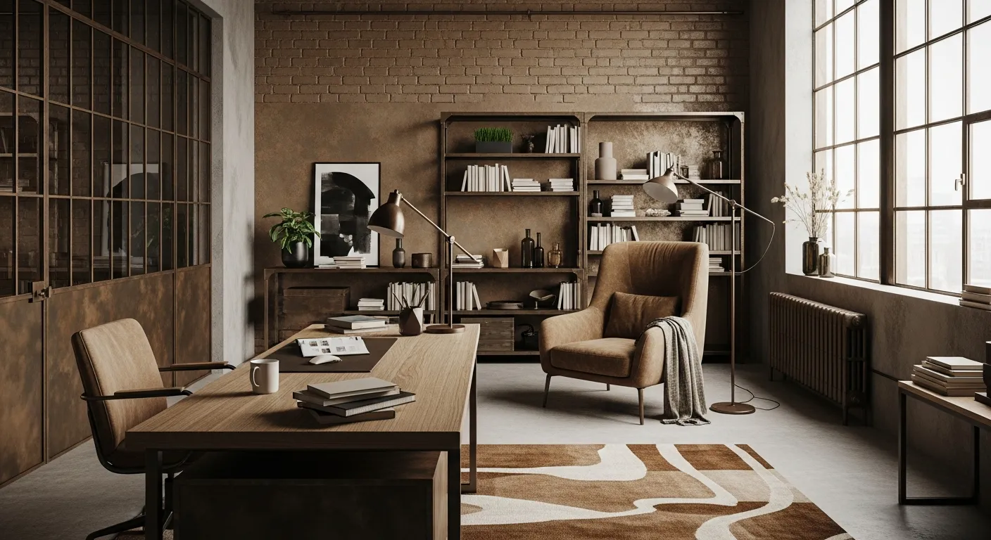 Industrial home office ideas featuring warm bronze lighting to boost productivity in a rustic workspace