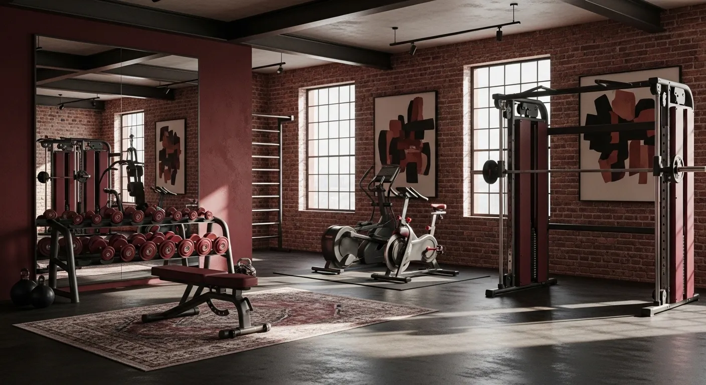 Industrial style home gym with burgundy walls, exposed brick, and black metal fitness equipment