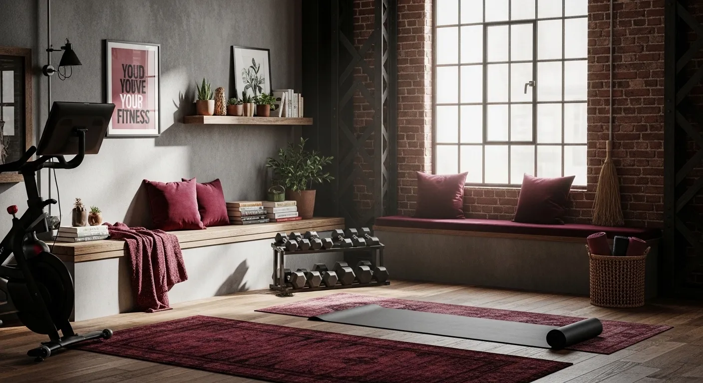 Industrial home gym featuring exposed brick walls and deep burgundy workout equipment