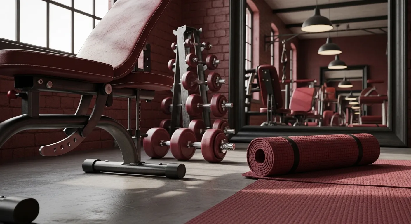 Industrial style home gym featuring exposed burgundy brick walls and black metal equipment