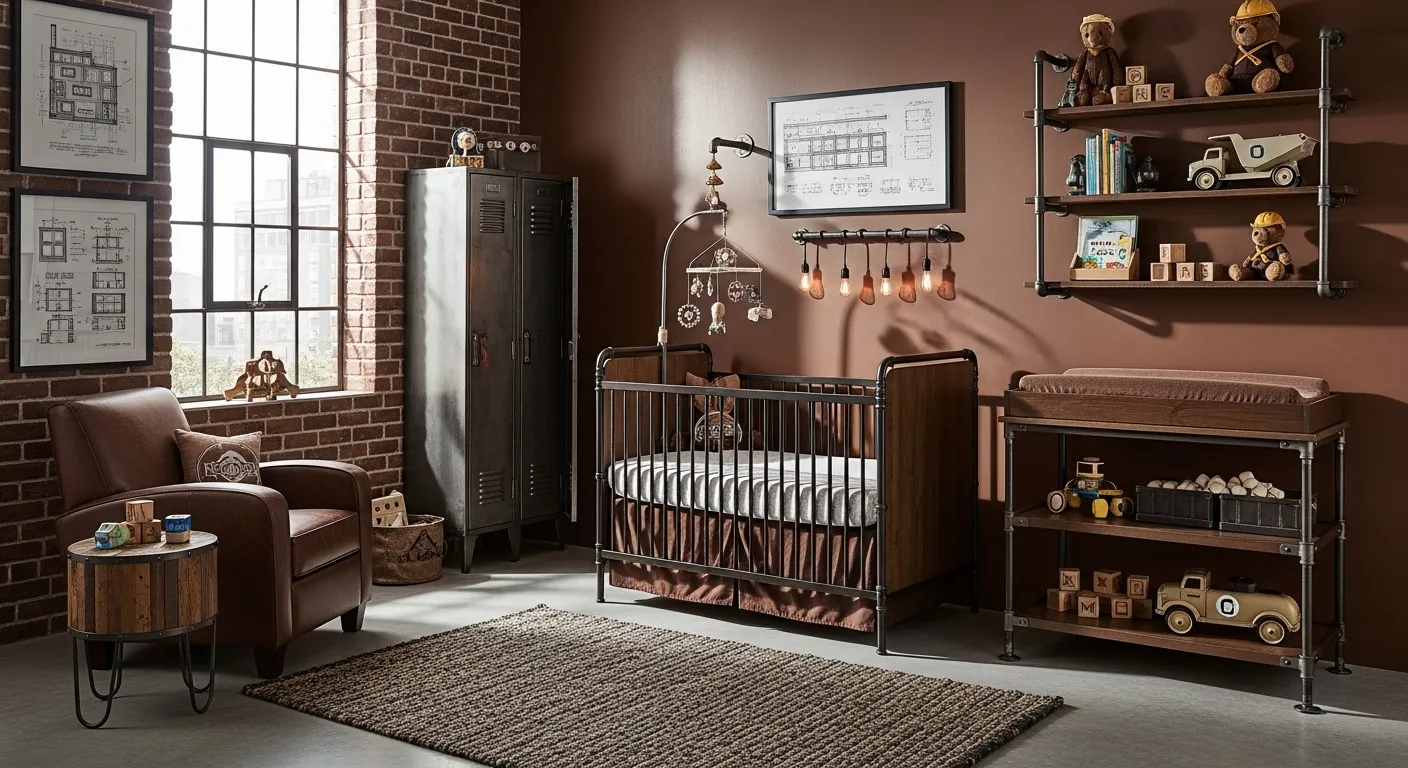 Industrial nursery with iron crib, brick wall, and chocolate brown accents