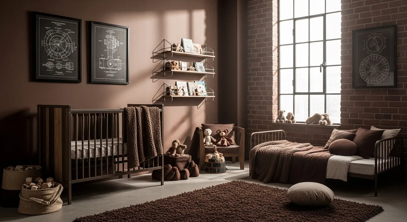 Industrial chocolate-brown nursery with crib, metal daybed, brick wall, large window