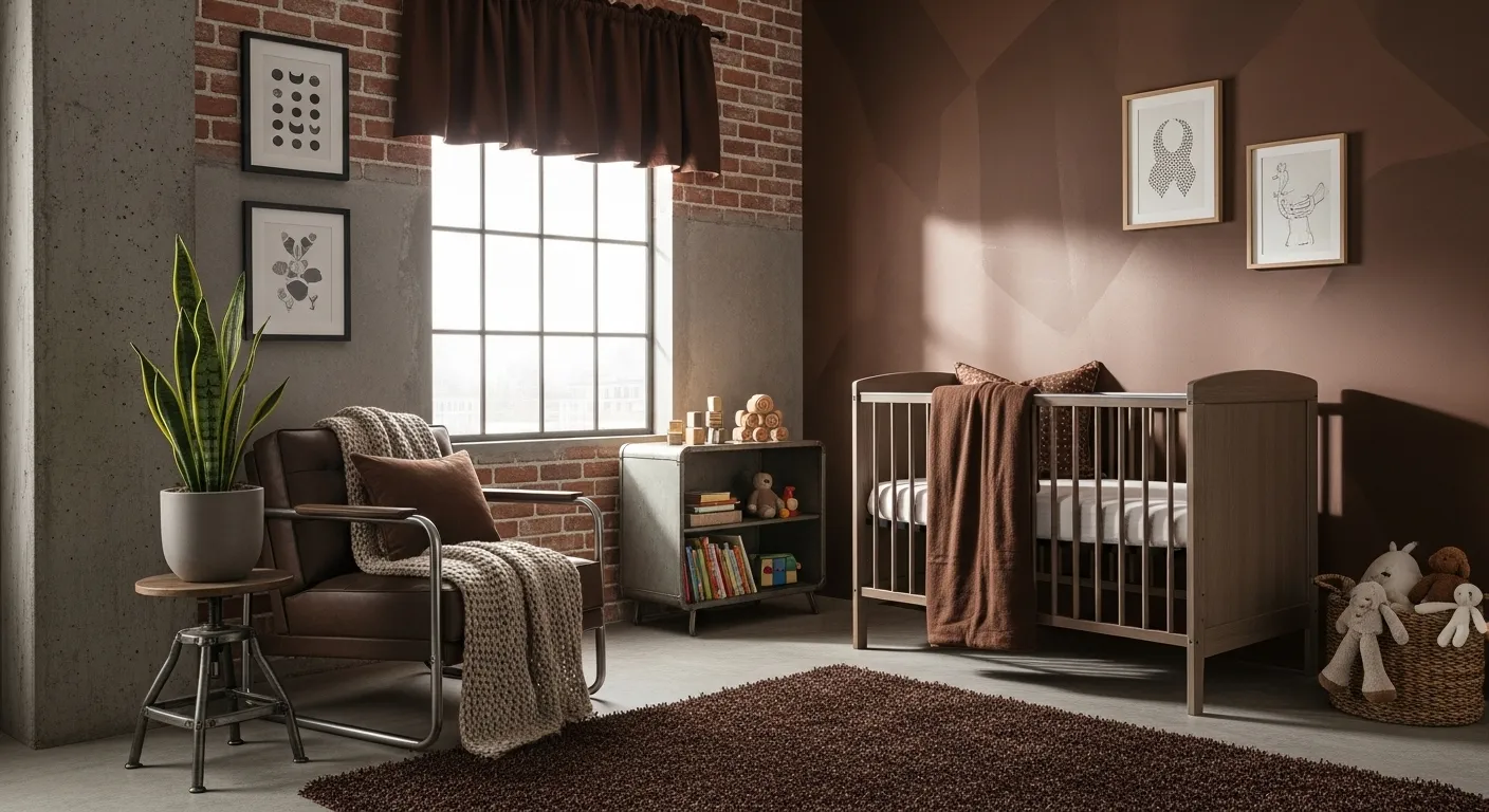 Industrial chocolate brown nursery with crib, brick wall, and cozy reading chair