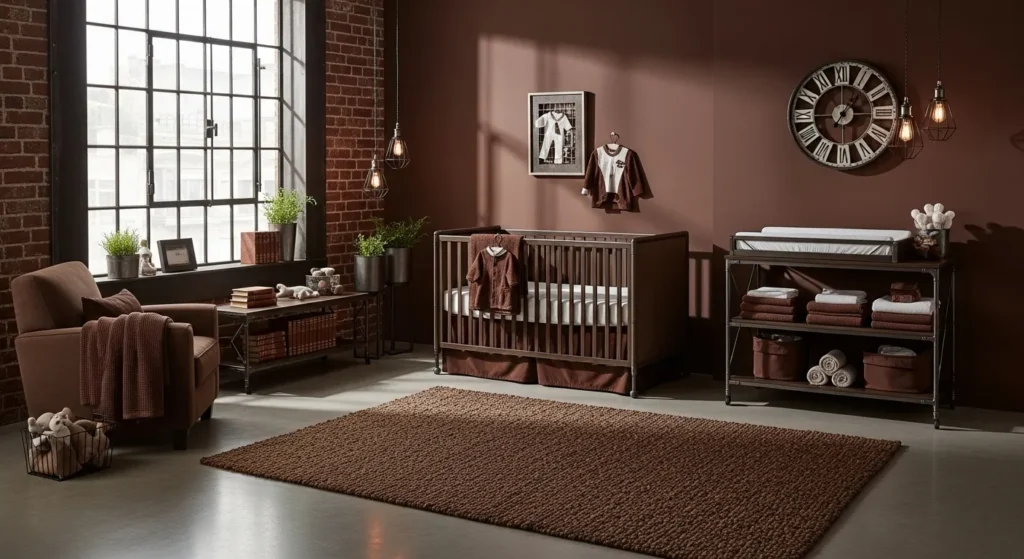 Industrial chocolate-brown nursery with crib, exposed brick, metal shelving, big window
