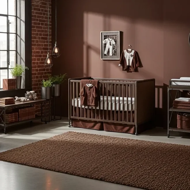 Industrial chocolate-brown nursery with crib, exposed brick, metal shelving, big window