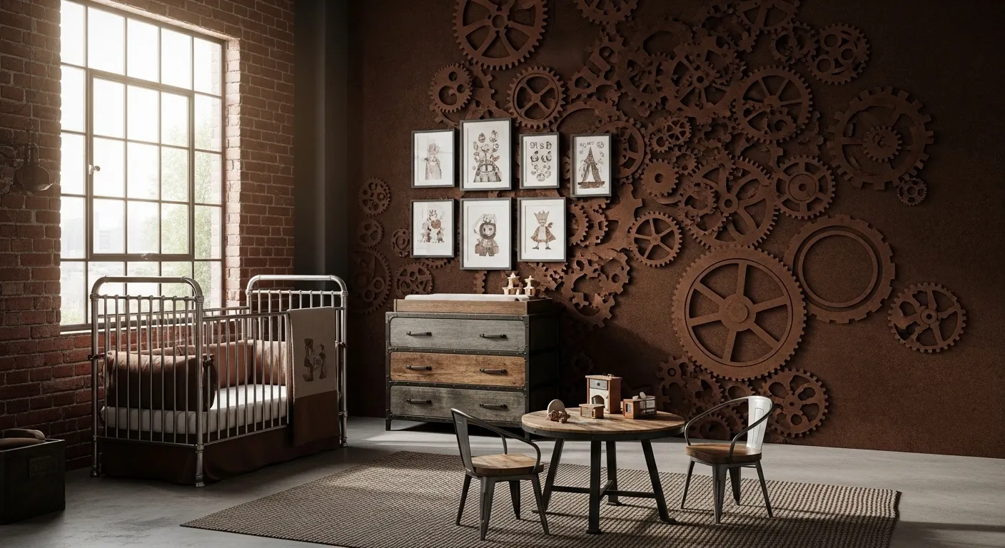 Industrial nursery with metal crib, gear wall art, and rustic dresser.