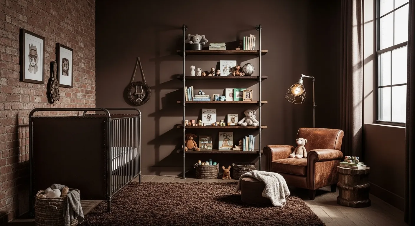 Industrial chocolate brown nursery with metal crib, leather chair, and open shelving