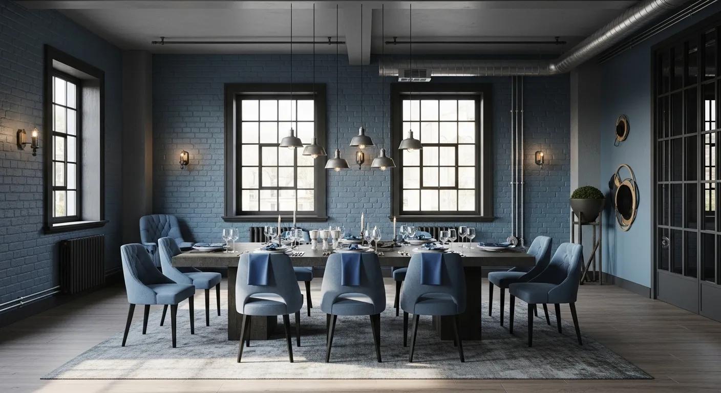 Industrial dining room with dusty blue brick walls, blue chairs, and long table.