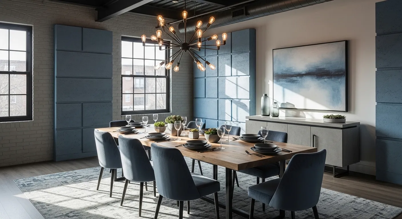 Industrial dining room with dusty blue chairs, wood table, sputnik chandelier
