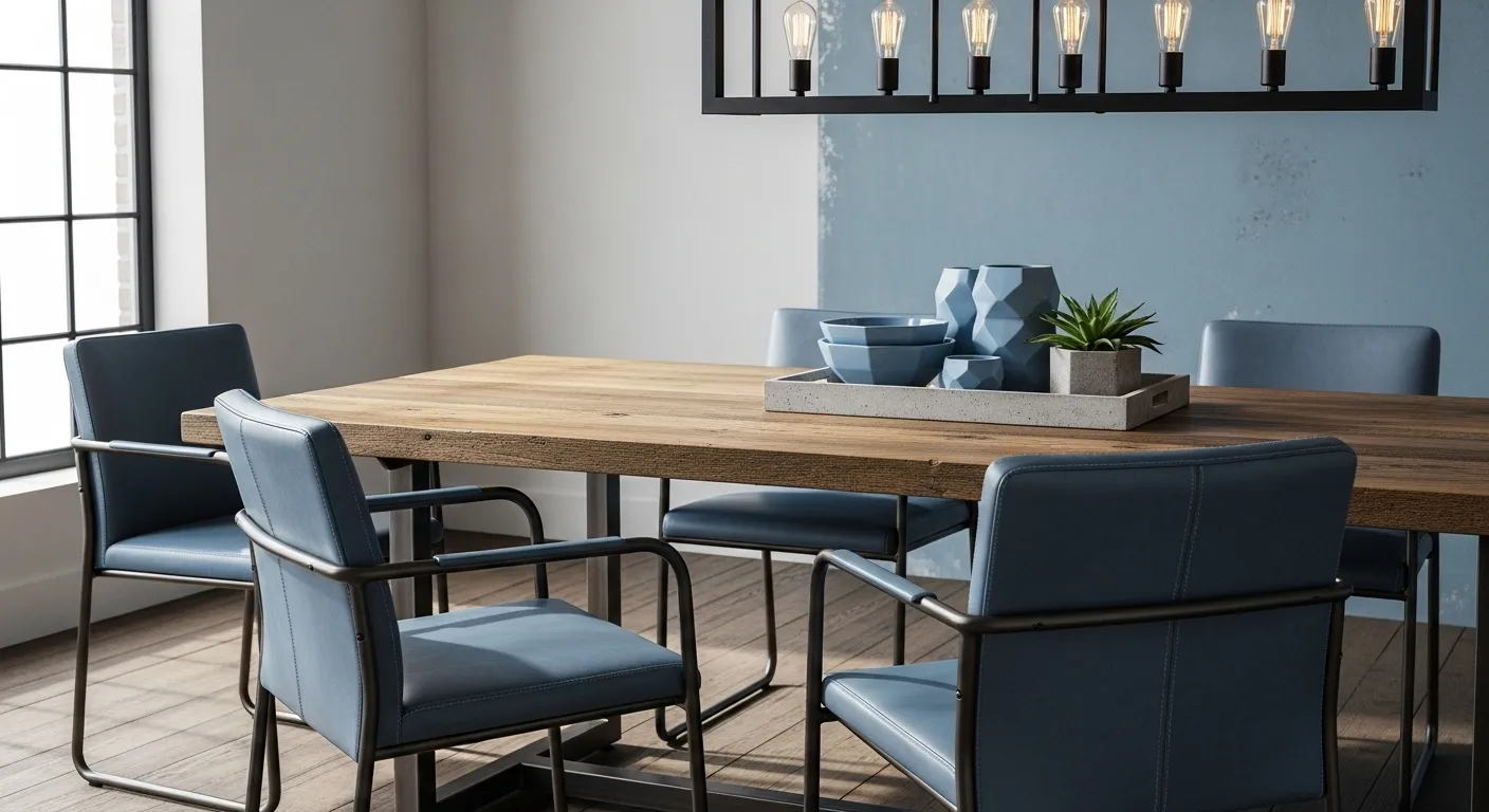 Industrial dining room with dusty blue chairs, wood table, black pendant light