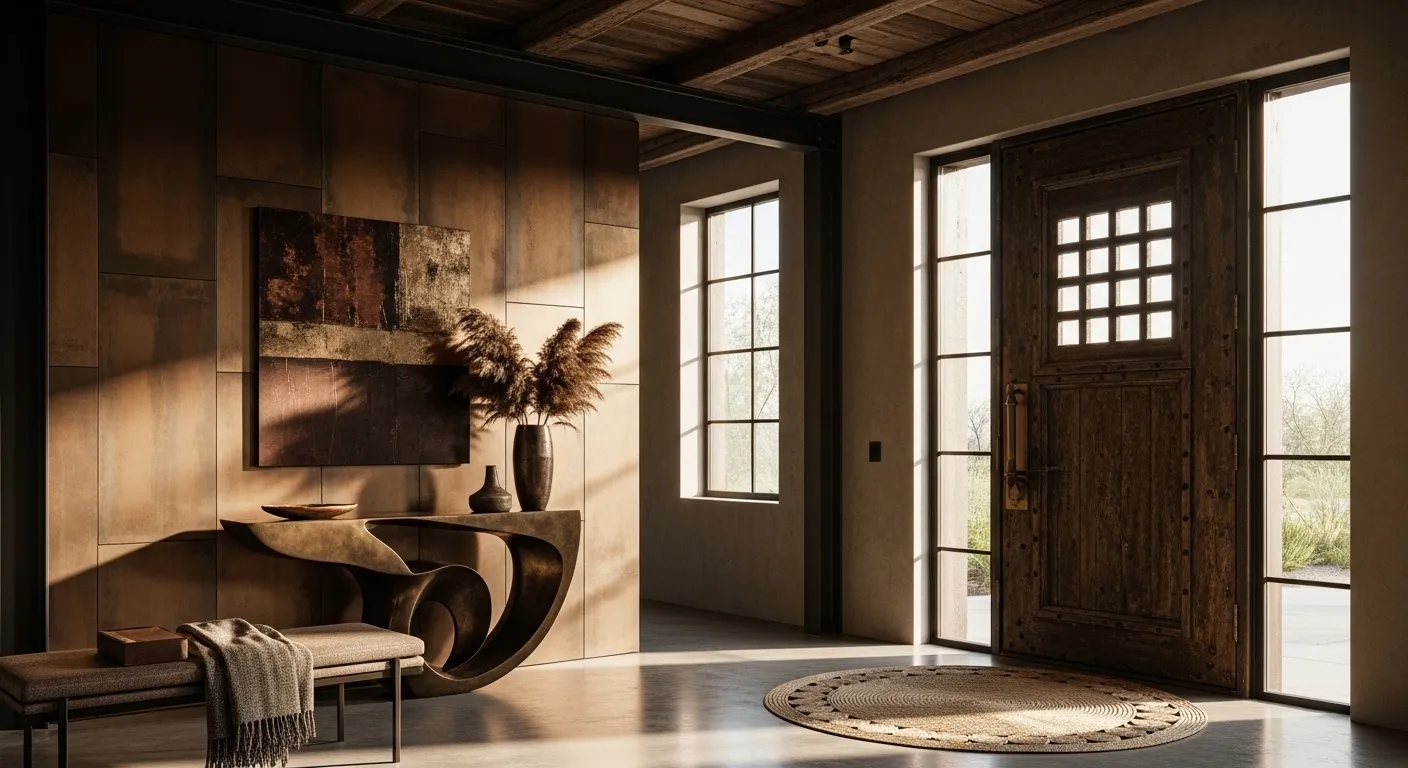Industrial entryway featuring exposed brick, dark metal fixtures, and warm bronze decor accents