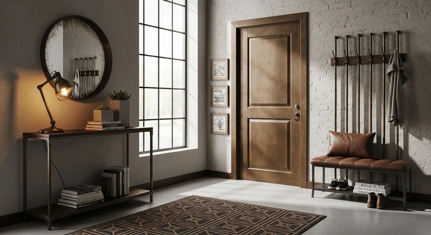 Industrial entryway featuring a bronze mirror and metal console table against brick