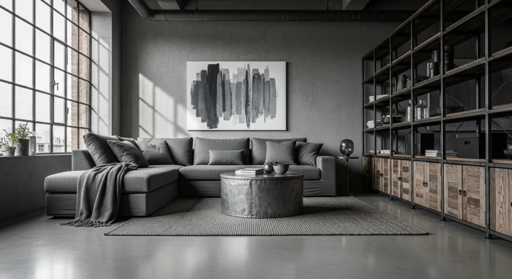 Gray industrial living room with sectional sofa, concrete walls, and metal shelving.