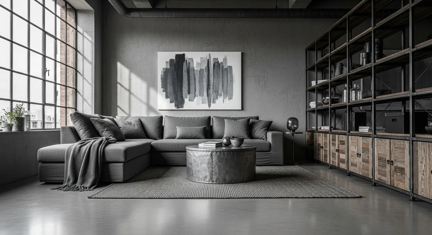 Gray industrial living room with sectional sofa, concrete walls, and metal shelving.