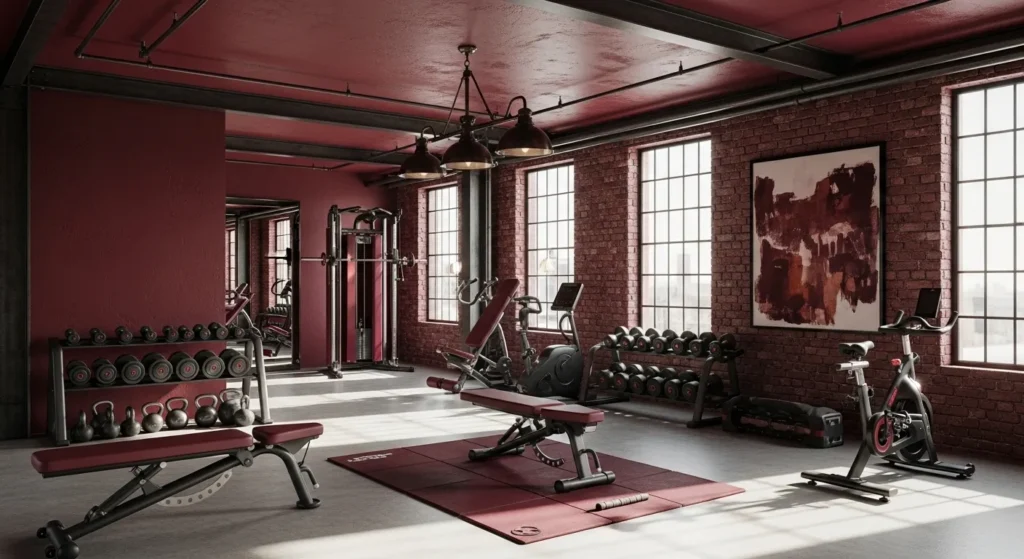 Industrial home gym featuring exposed brick and deep burgundy walls with black metal equipment