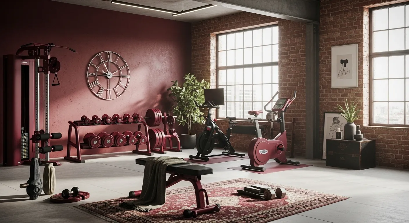 Industrial home gym featuring exposed brick walls and deep burgundy fitness equipment