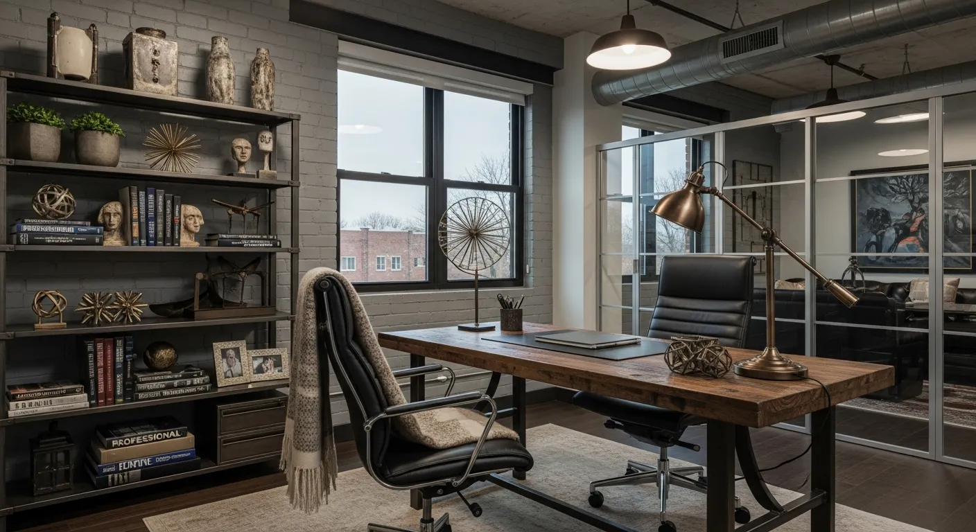 Exposed brick wall backdrop highlighting industrial home office ideas and bronze metallic decor