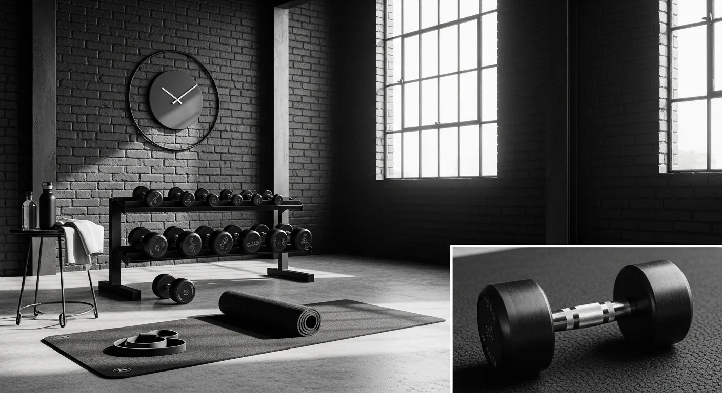 Sleek black home gym with industrial metal accents and professional fitness equipment