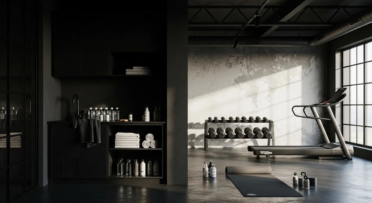 Sleek black home gym featuring industrial textures and modern weight equipment