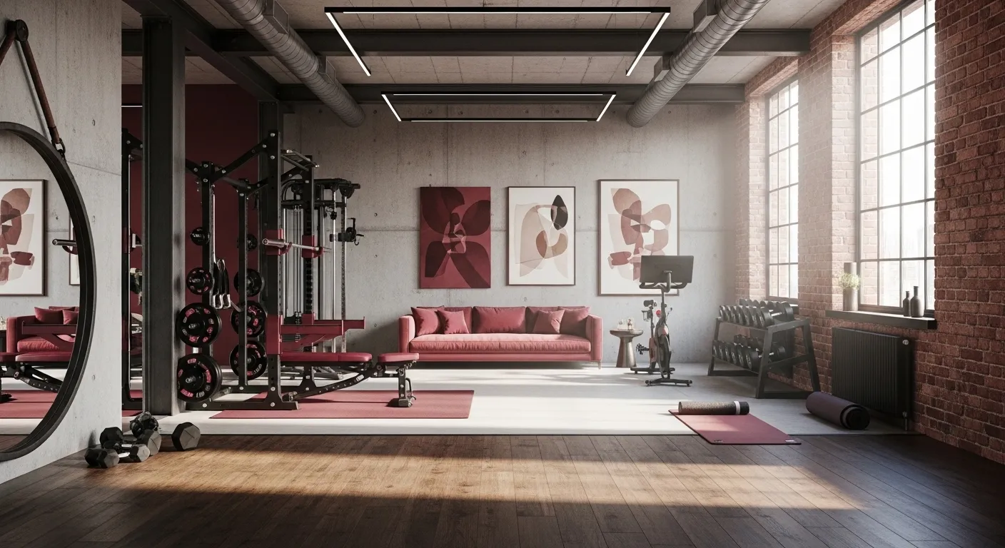 Industrial home gym featuring exposed brick, black metal equipment, and deep burgundy walls