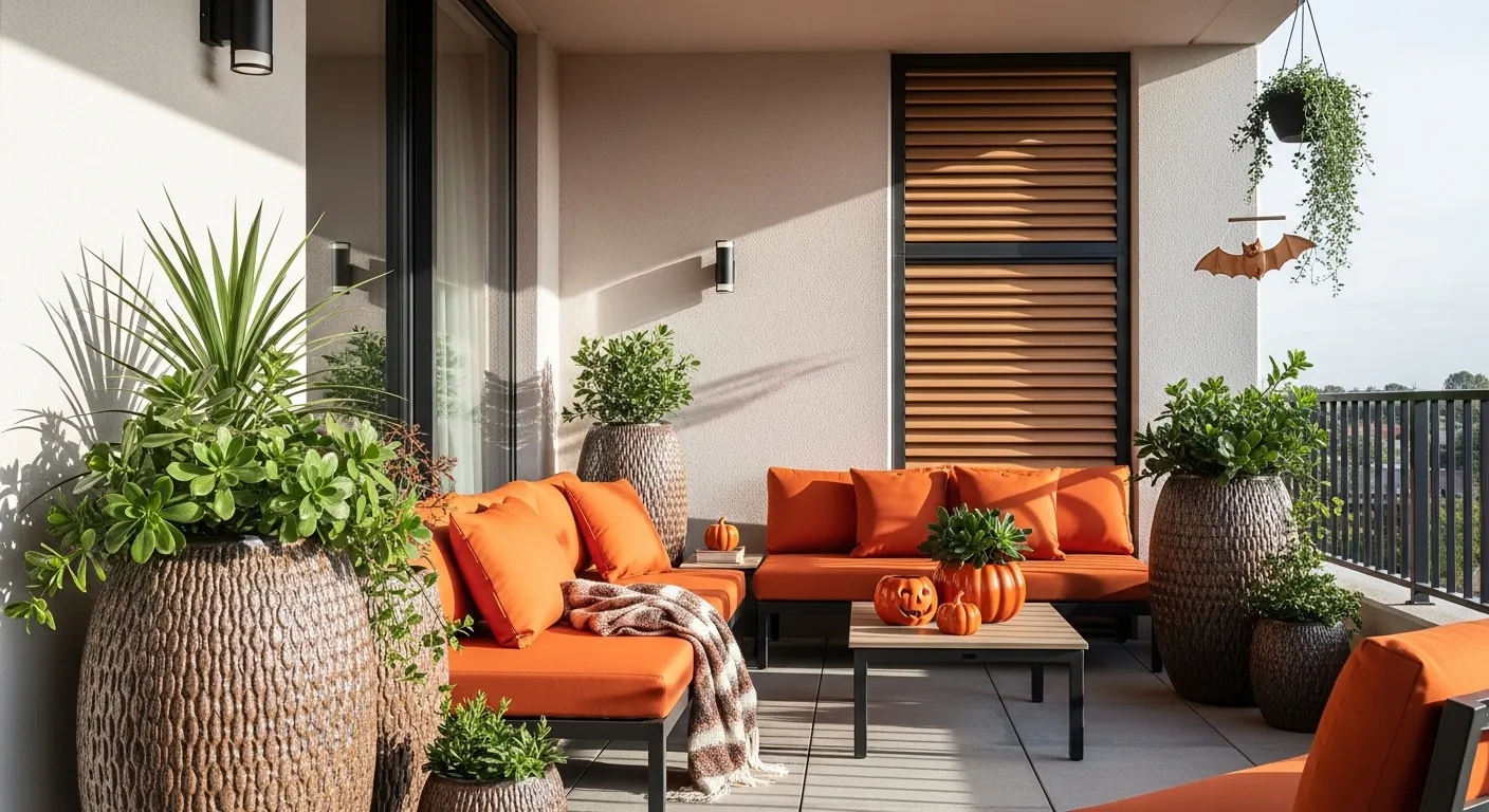 Minimalist Japandi balcony featuring light wood furniture and cozy burnt orange textiles
