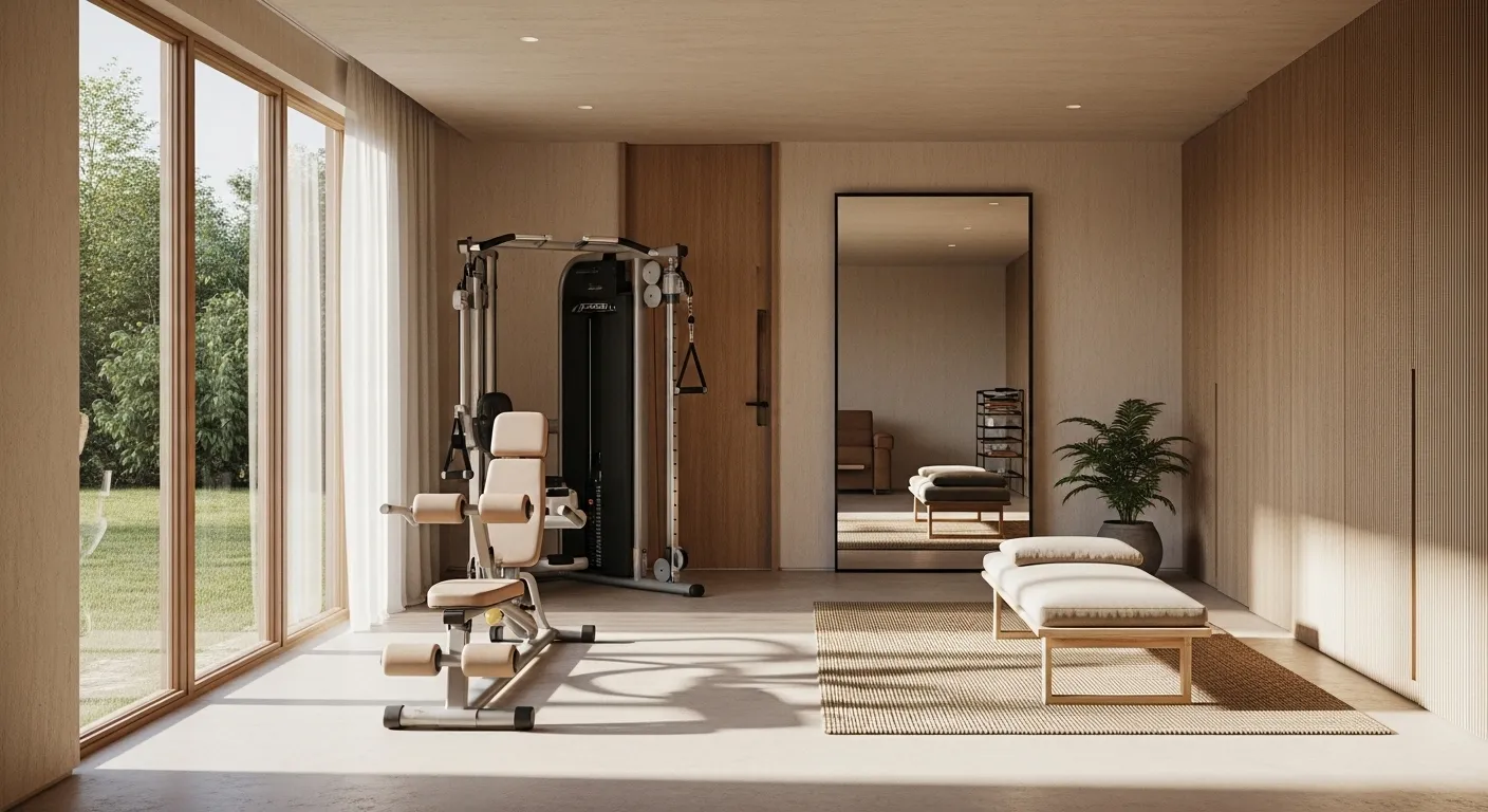 Serene beige home gym with natural wood slats and minimalist equipment