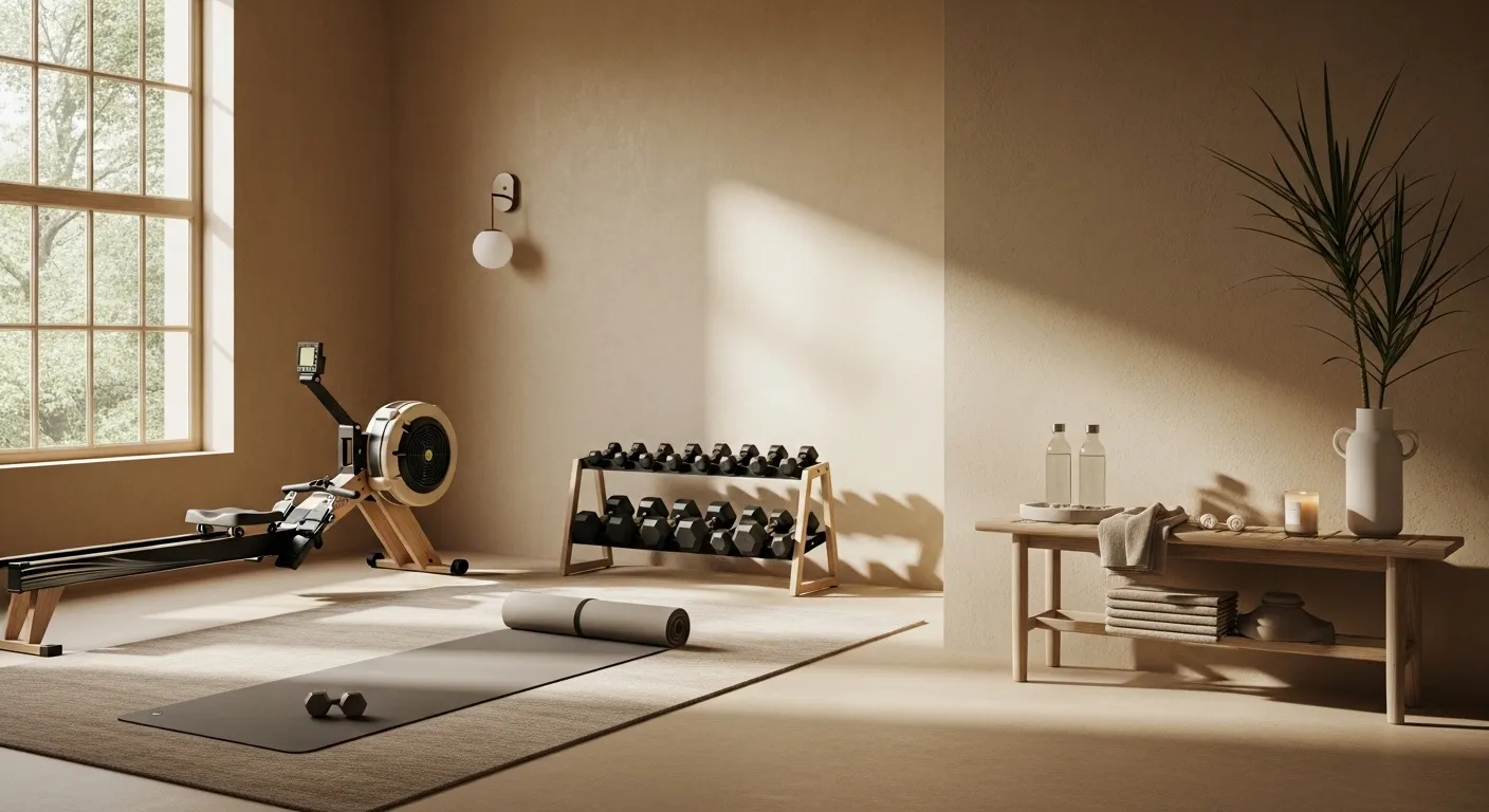 Serene beige home gym with wooden equipment and minimalist Japandi decor