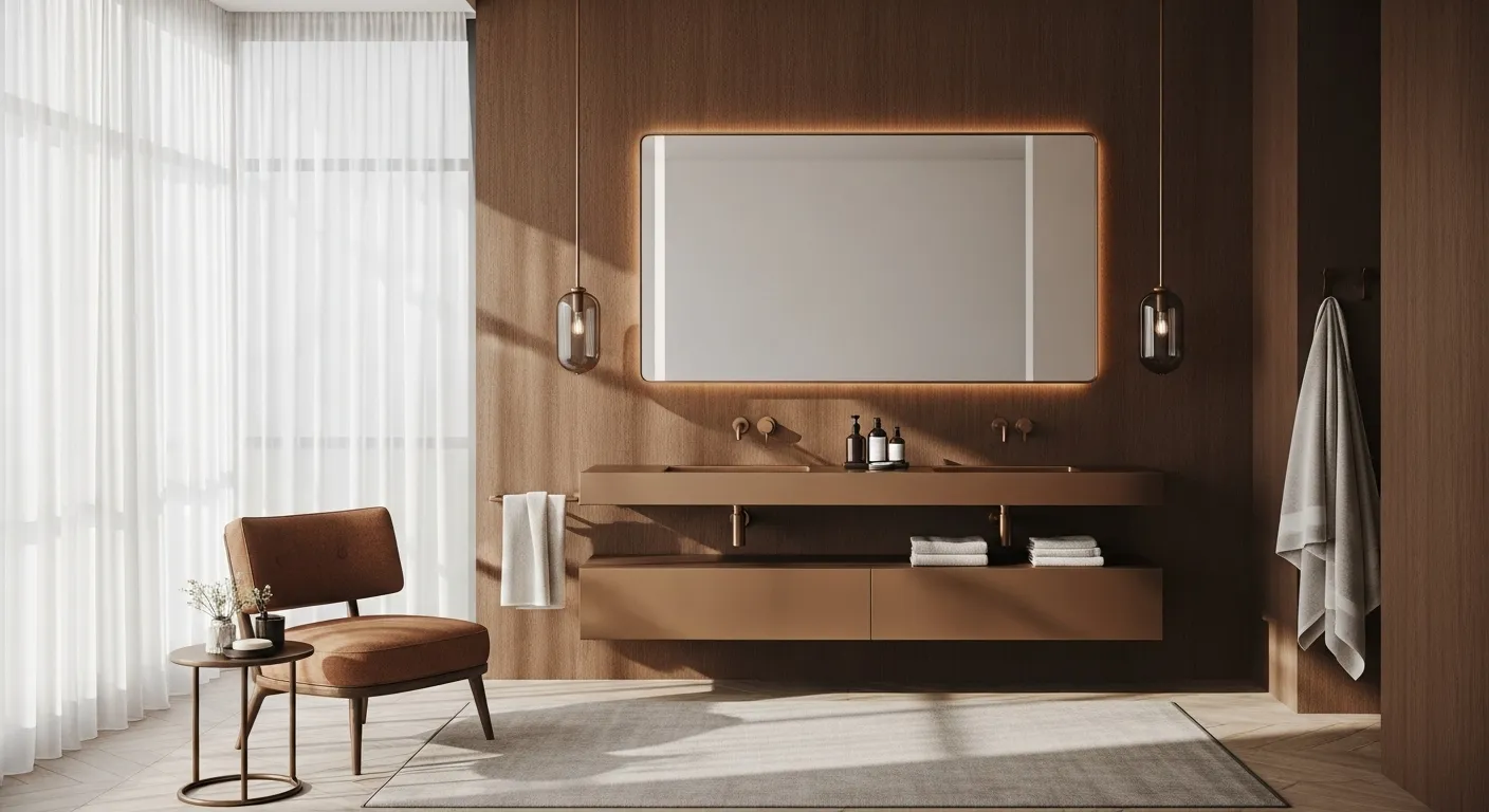 Japandi bathroom with bronze floating vanity, wood walls, and backlit mirror