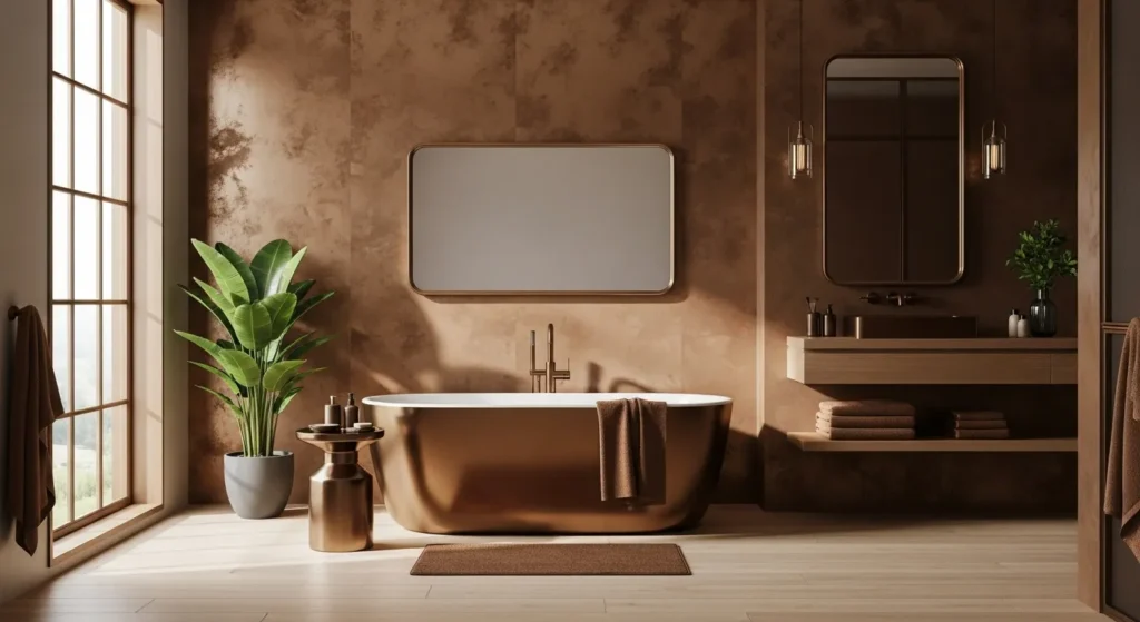 Japandi bathroom with bronze freestanding tub, warm plaster walls, and pendant lights