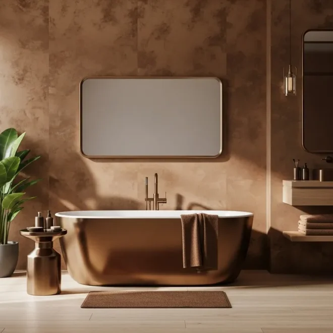 Japandi bathroom with bronze freestanding tub, warm plaster walls, and pendant lights
