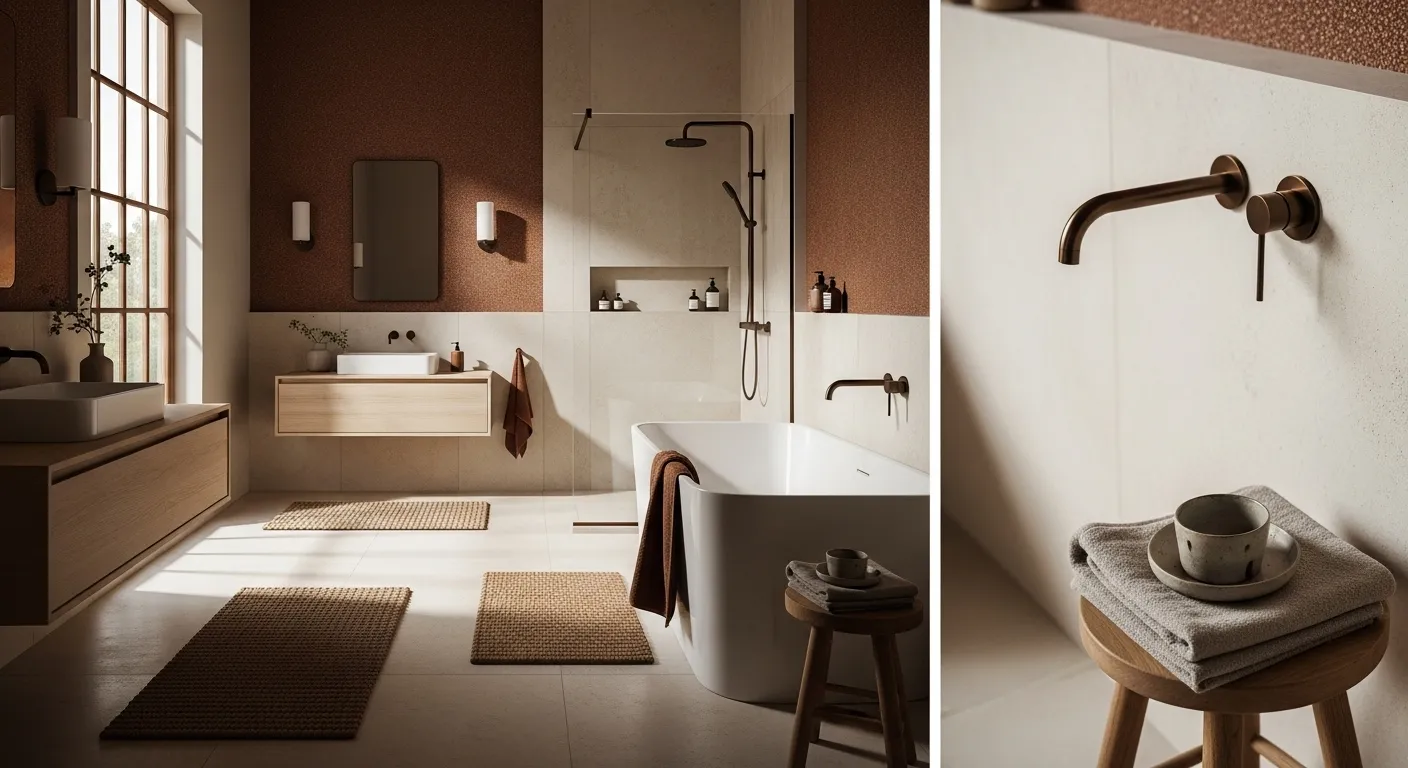 Japandi bathroom with bronze wall, wood vanity, freestanding tub, black fixtures