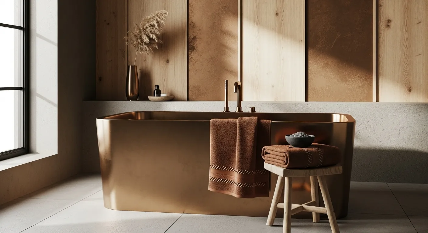 Japandi bathroom with bronze freestanding tub, warm wood panels, and soft linens