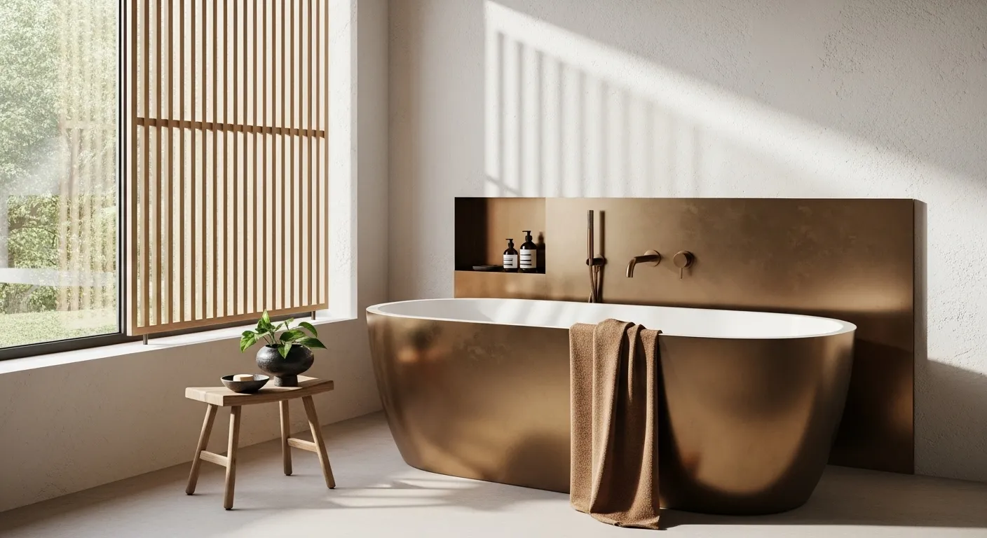 Bronze freestanding tub in sunlit Japandi bathroom with wood slat screen