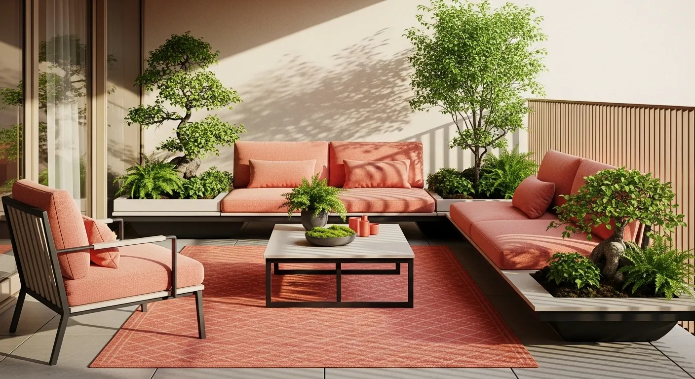 Japandi balcony with coral cushions, low coffee table, lush planters, and rug