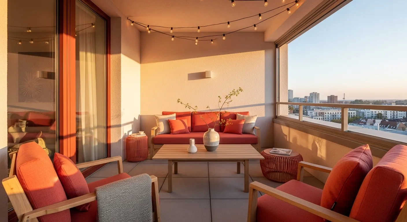 Japandi balcony lounge with coral seating, wood table, and string lights