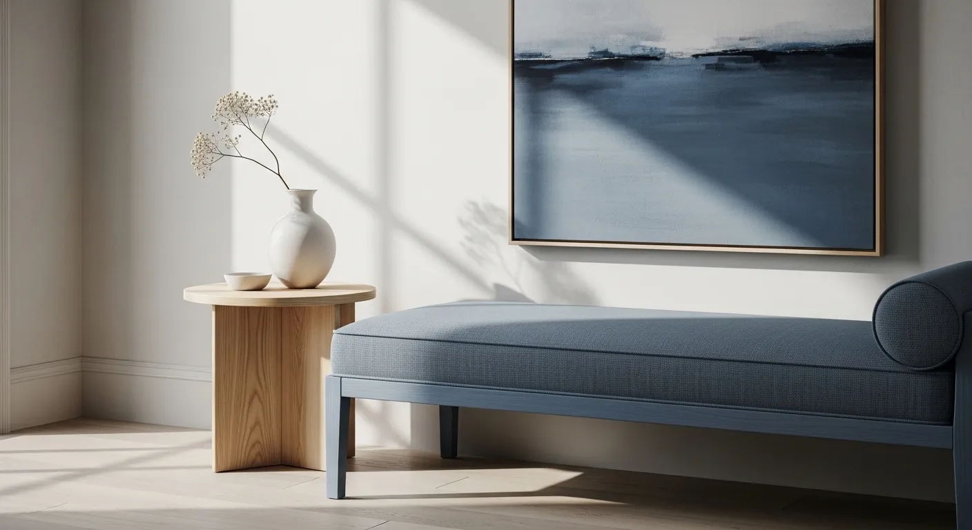 Japandi entryway with dusty blue bench, round wood table, minimalist vase