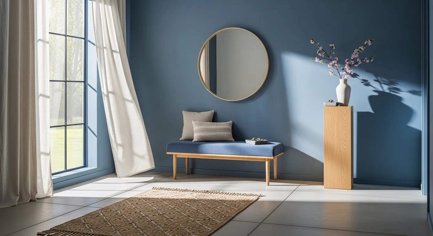 Japandi entryway with dusty blue wall, wood bench, round mirror, vase