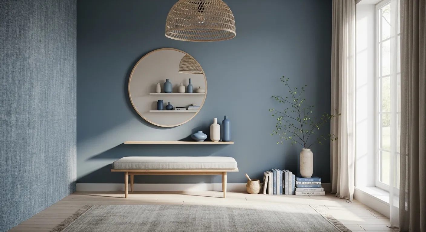 Japandi entryway with dusty blue wall, wood bench, round mirror, woven pendant