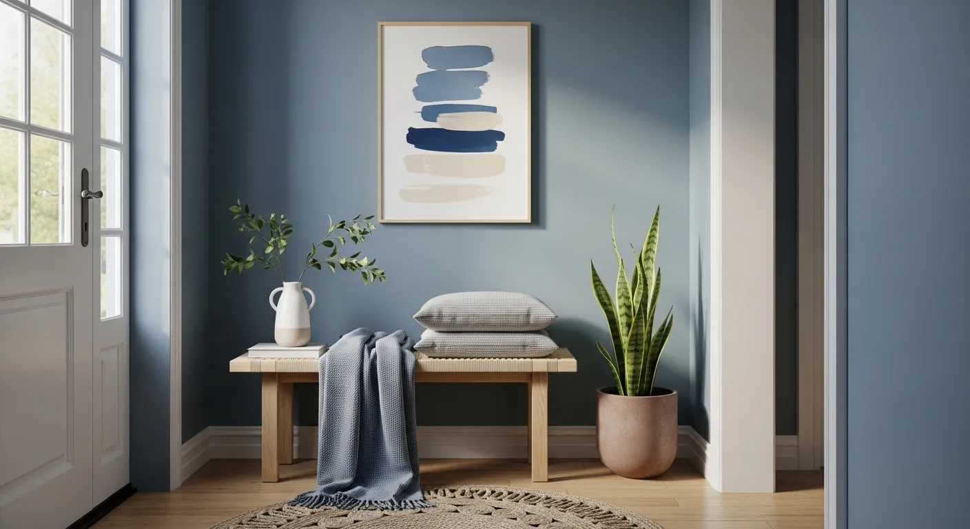 Japandi entryway with dusty blue walls, wood bench, pillows, and snake plant