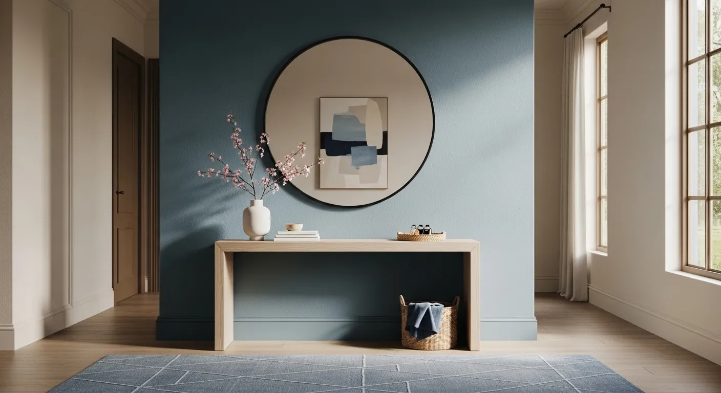 Japandi entryway with dusty blue wall, pale wood console, round mirror