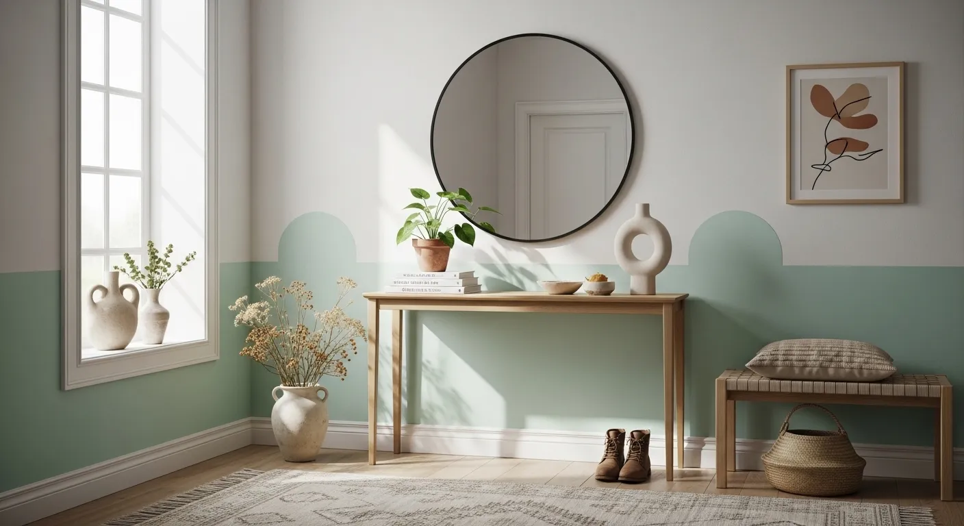 Minimalist Japandi entryway featuring pastel mint walls, a wooden bench, and simple botanical accents