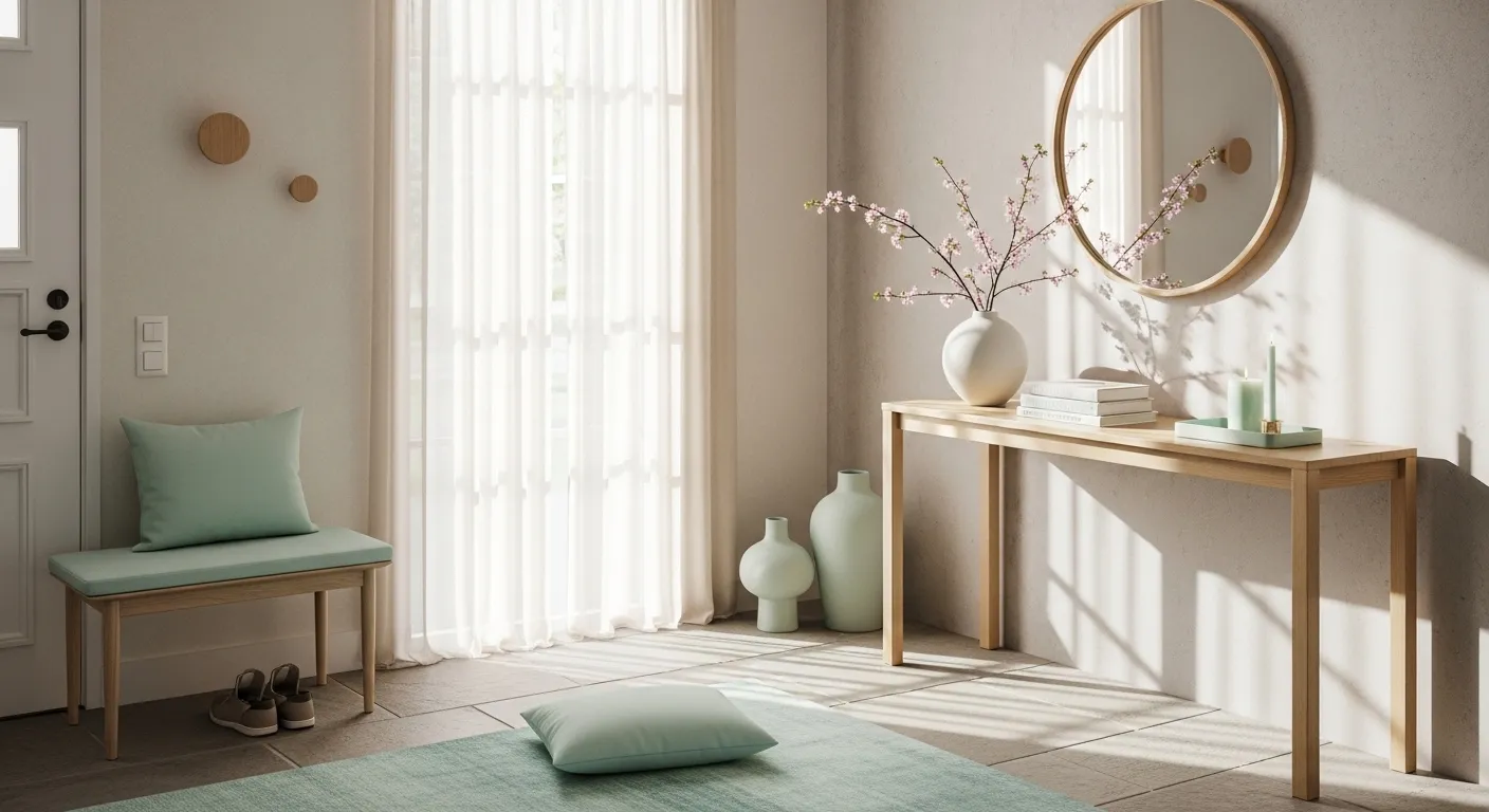 Minimalist Japandi entryway featuring soft pastel mint walls and natural wood furniture
