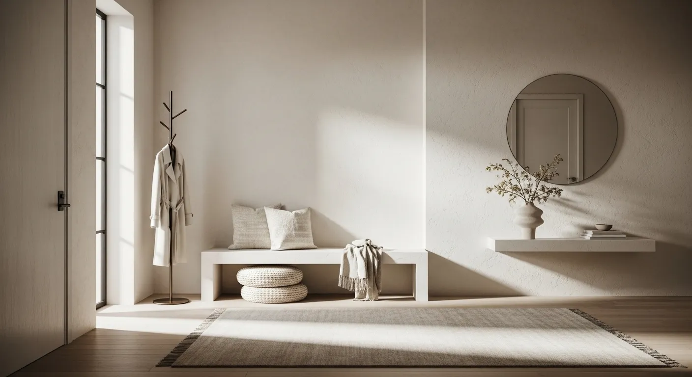 Off-white Japandi entryway with bench, round mirror, floating shelf, neutral rug