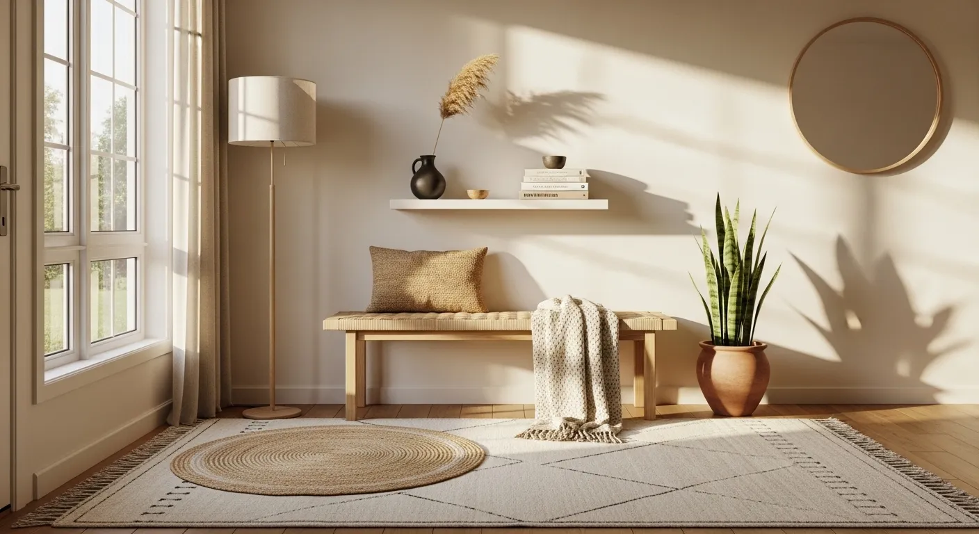 Off-white Japandi entryway with wood bench, floating shelf, and snake plant